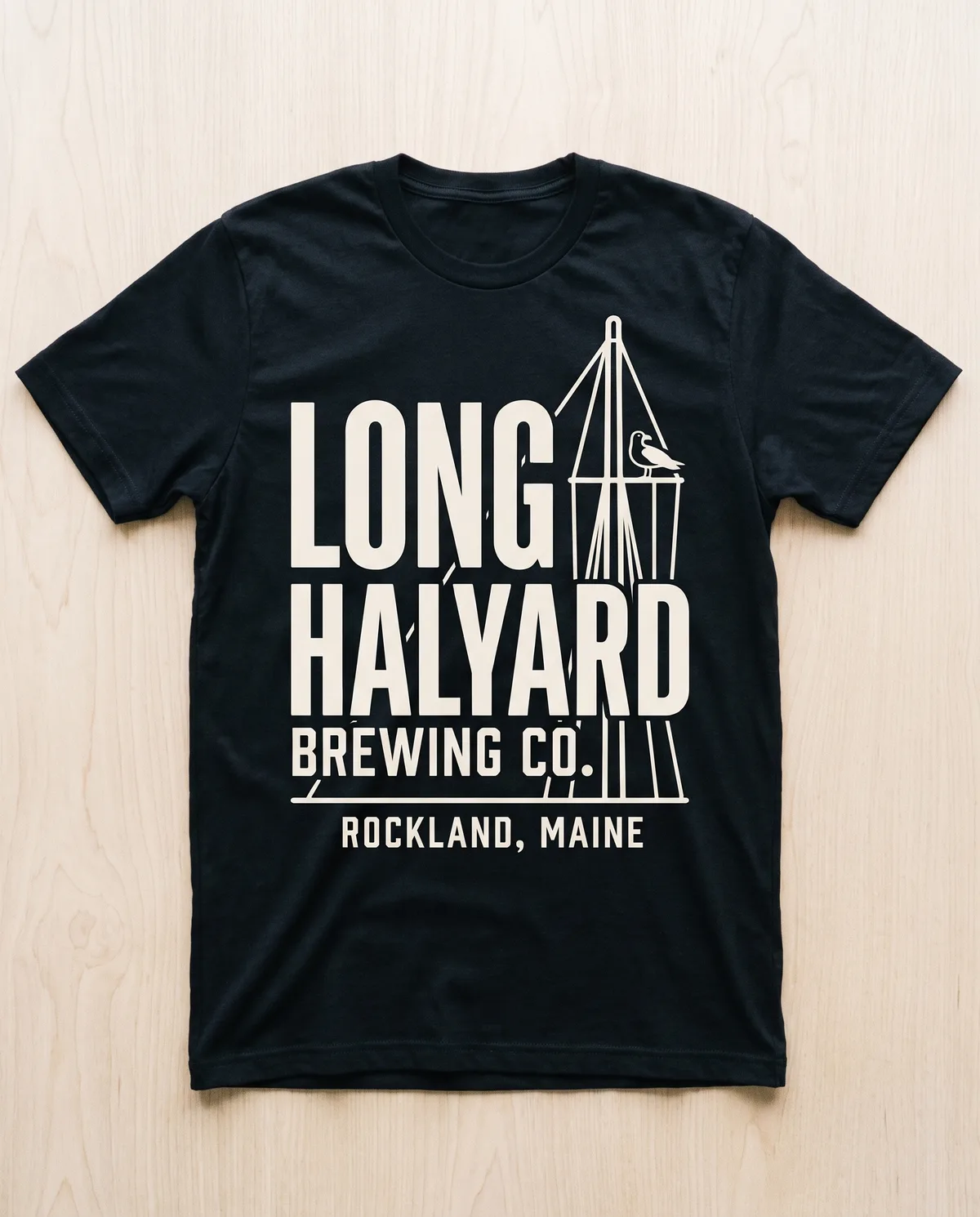 Cream tee with a monoline schooner mast and gull for Long Halyard, Rockland Maine